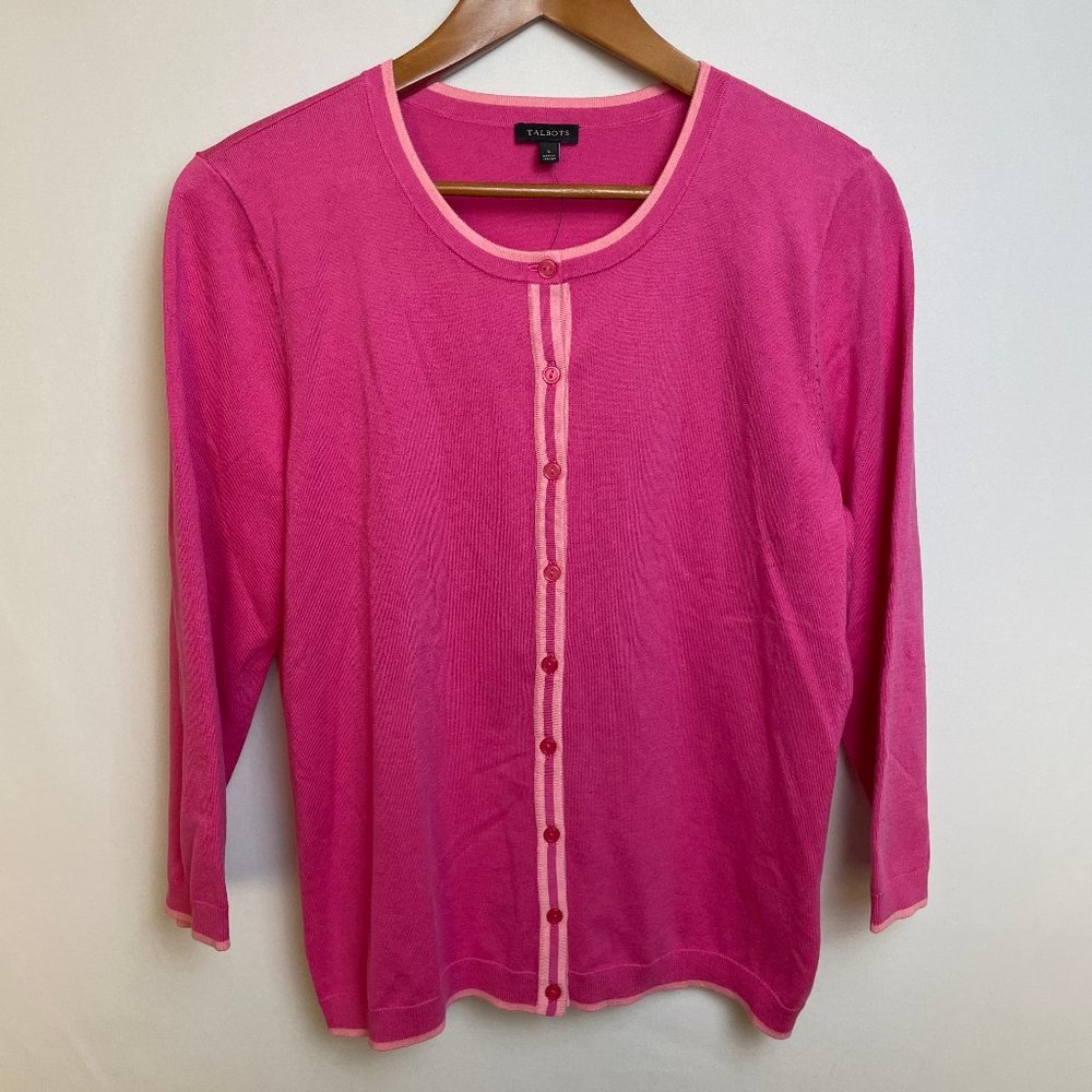 Talbots Womens Cardigan Sweater Size L Pink Long Sleeve Stretch Casual